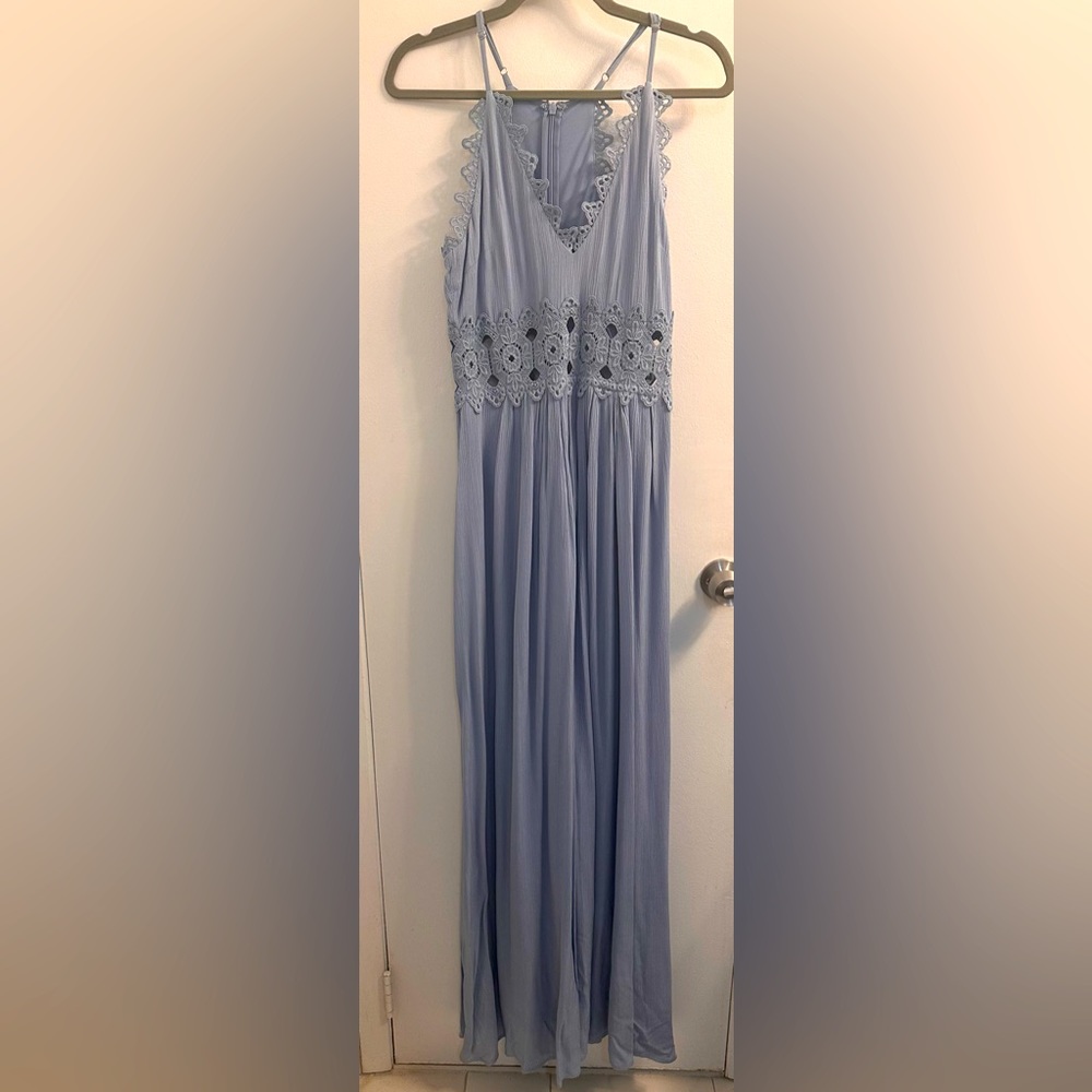Worn Once. Lulu’s Bridesmaid This is Love Lace Maxi Dress, Slate Blue, Size S